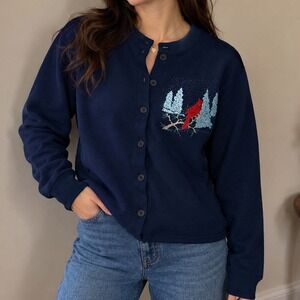 Vintage Endless Designs Cardinal Winter Embroidered Sweatshirt Cardigan‎ Navy b2